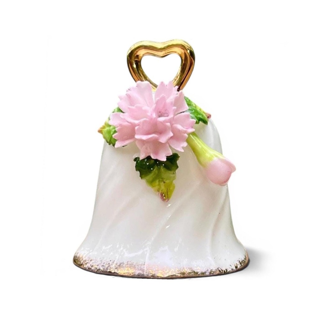 Vintage Josef Originals Porcelain Flower Bell Pink Carnation Gold Heart Handle